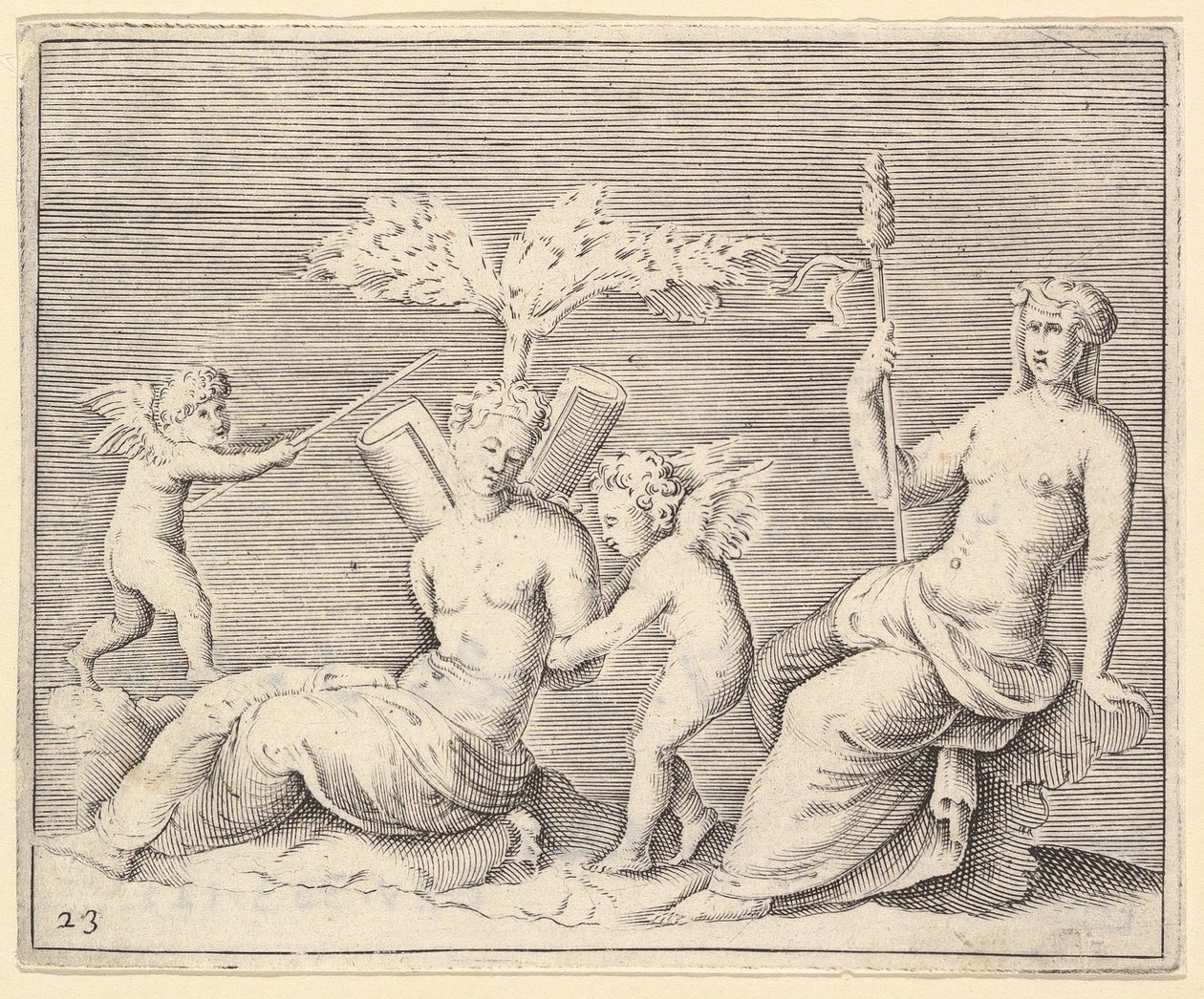 İki Kadın ve İki Aşk Tanrısı, yayınlandı ca. 1599-1622. by Unbekannt