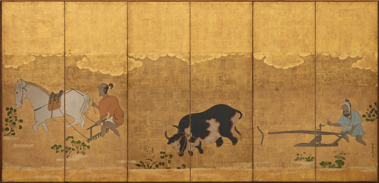 Pirinç tarlasını süren ve tırmıklayan iki çiftçi, Edo dönemi, 1615-1868. by Unbekannt