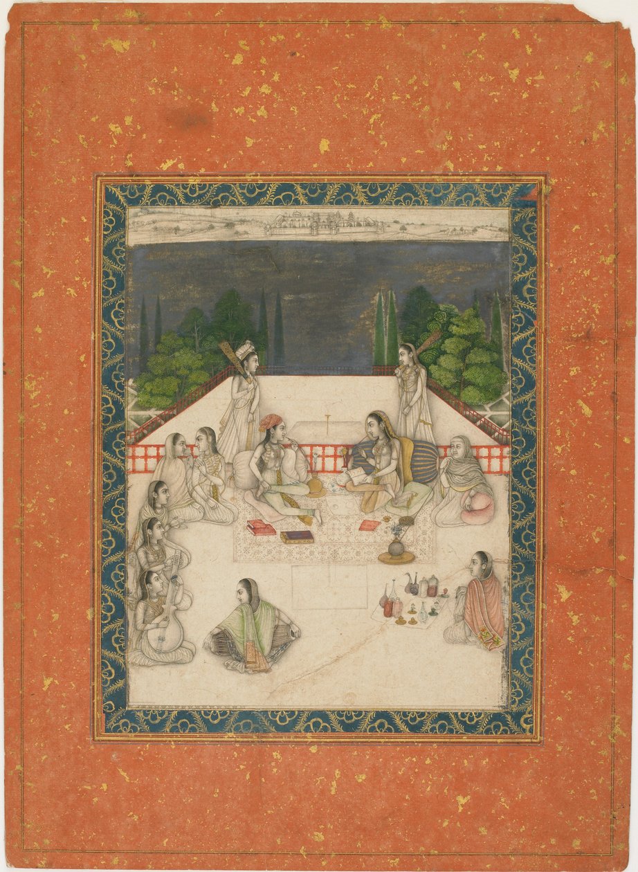 Bir terasta oturan, görevliler ve müzisyenlerle çevrili iki kadın, yaklaşık. 1650. by Unbekannt