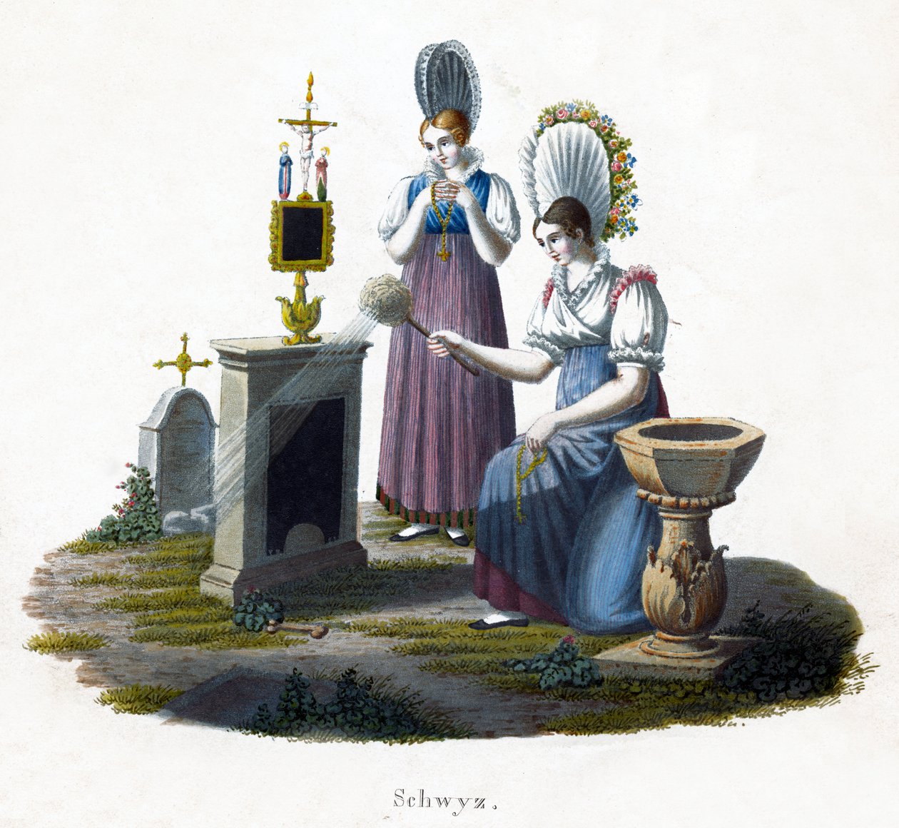 Mezarlıkta bir mezar taşının önünde duran iki kadın, c1800 by Unbekannt