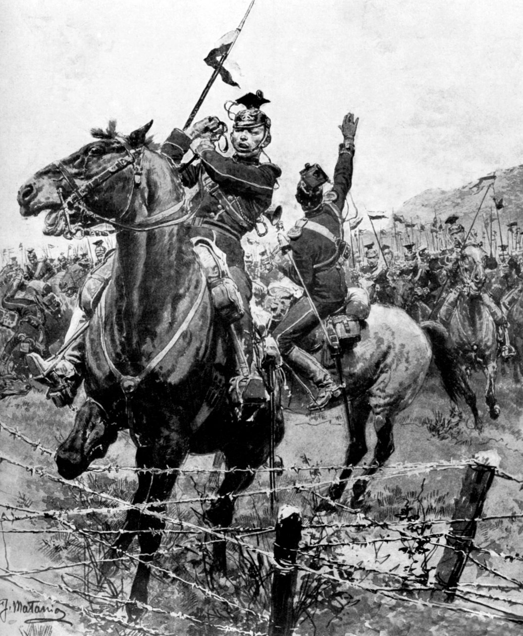 Uhlans, Liege, Belçika, Birinci Dünya Savaşı, 1914 yakınlarında dikenli tellerle kontrol edildi by Unbekannt