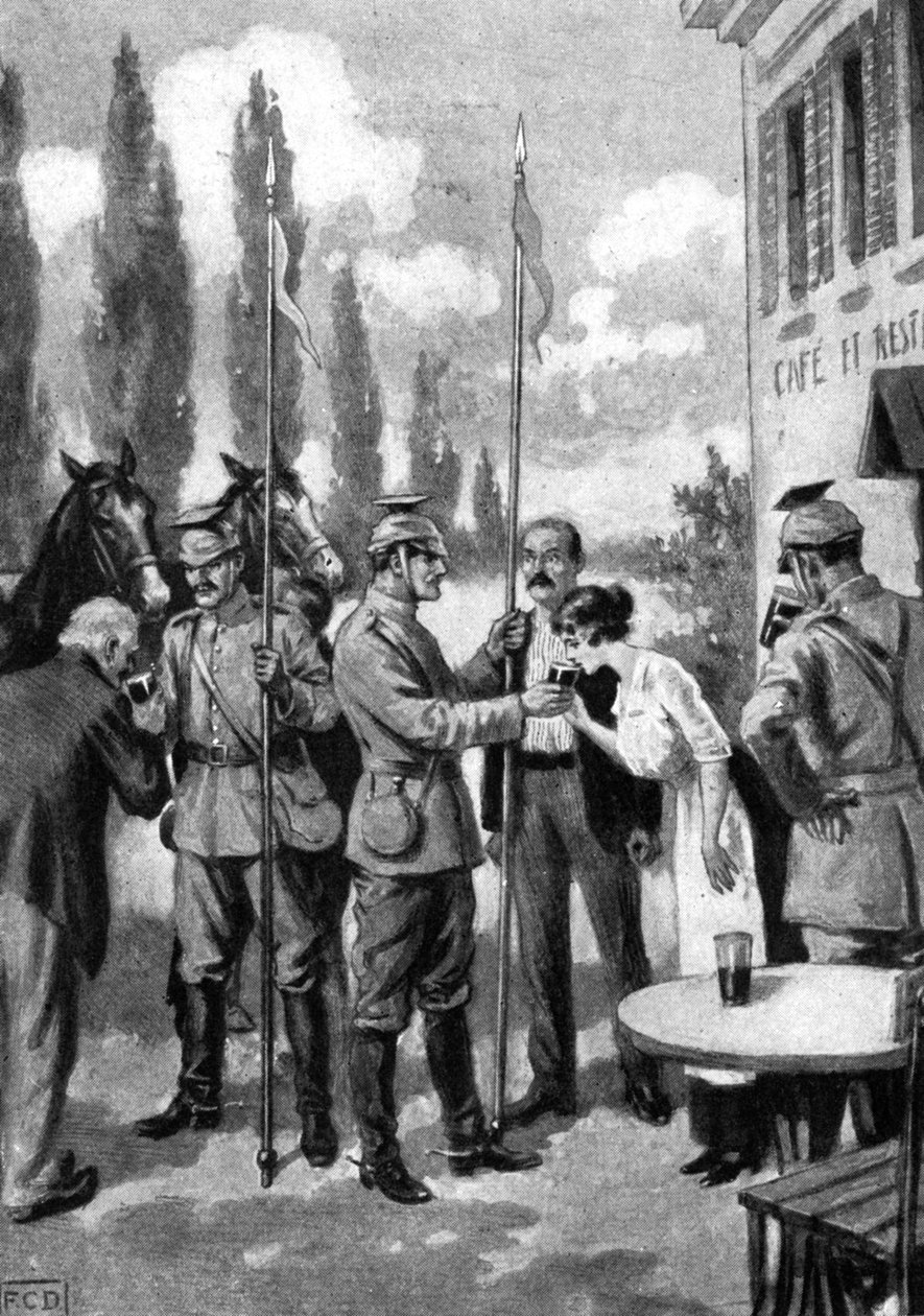 Belçikalı köylülerden içecek talep eden Uhlans, Birinci Dünya Savaşı, 1914 by Unbekannt
