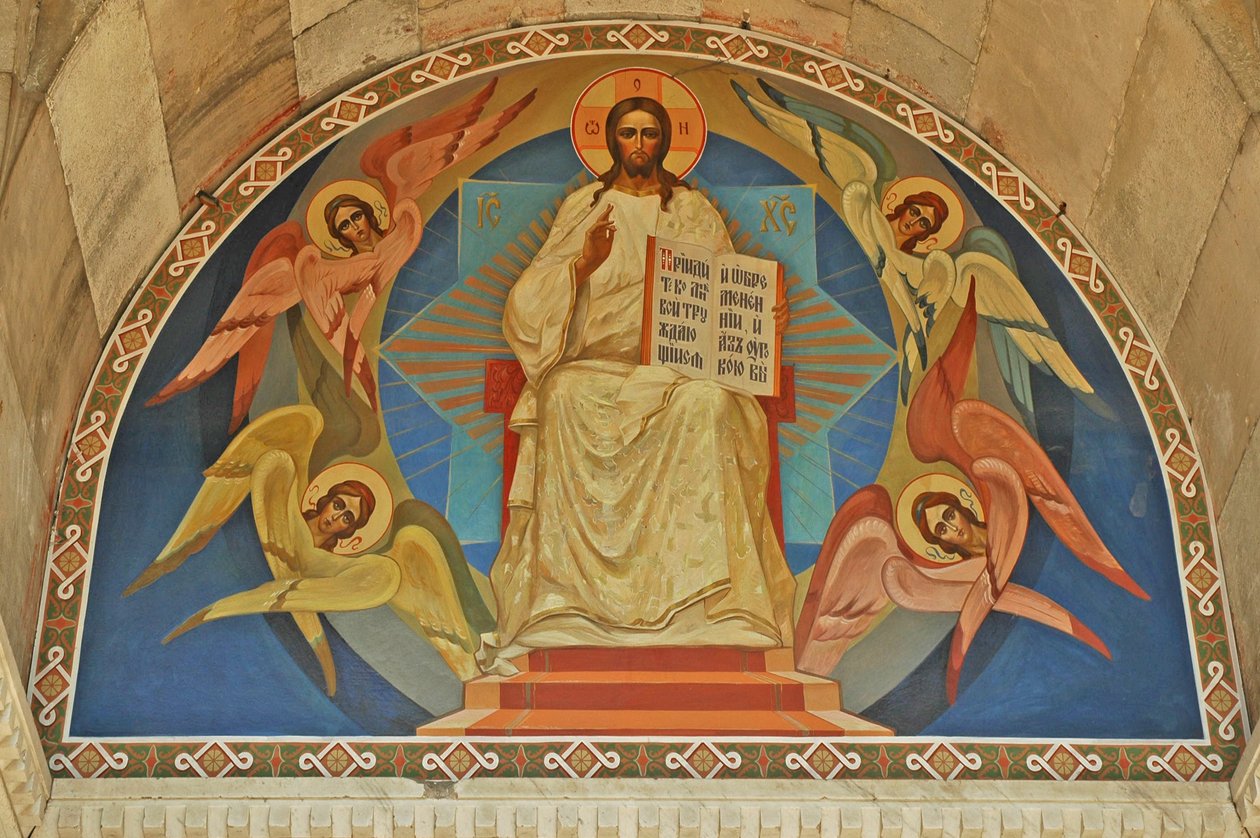 Ukrayna, Sivastapol, St Vladimir Ortodoks Katedrali (amirallerin mezar kasası), girişin üstündeki fresk by Unbekannt