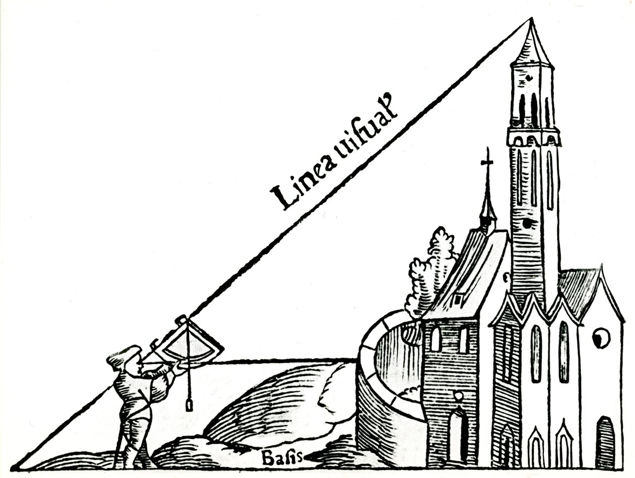 Bir kulenin yüksekliğini üçgenleme yoluyla hesaplamak için çeküllü bir kadran kullanma, 1551 by Unbekannt