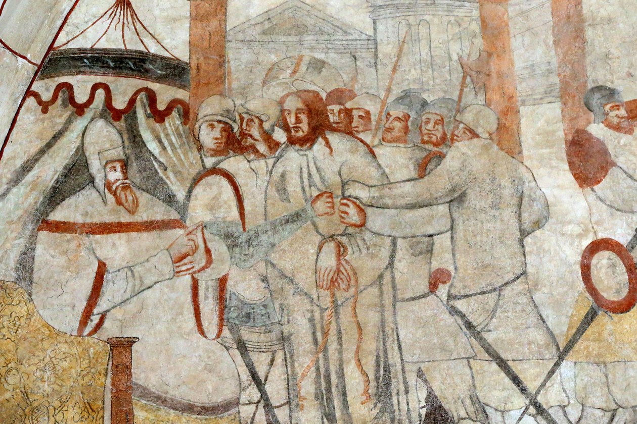 Vault de Lugny kilisesi. 16. yüzyıl duvar resmi. Mesih tutkusu içinde. Pilatus