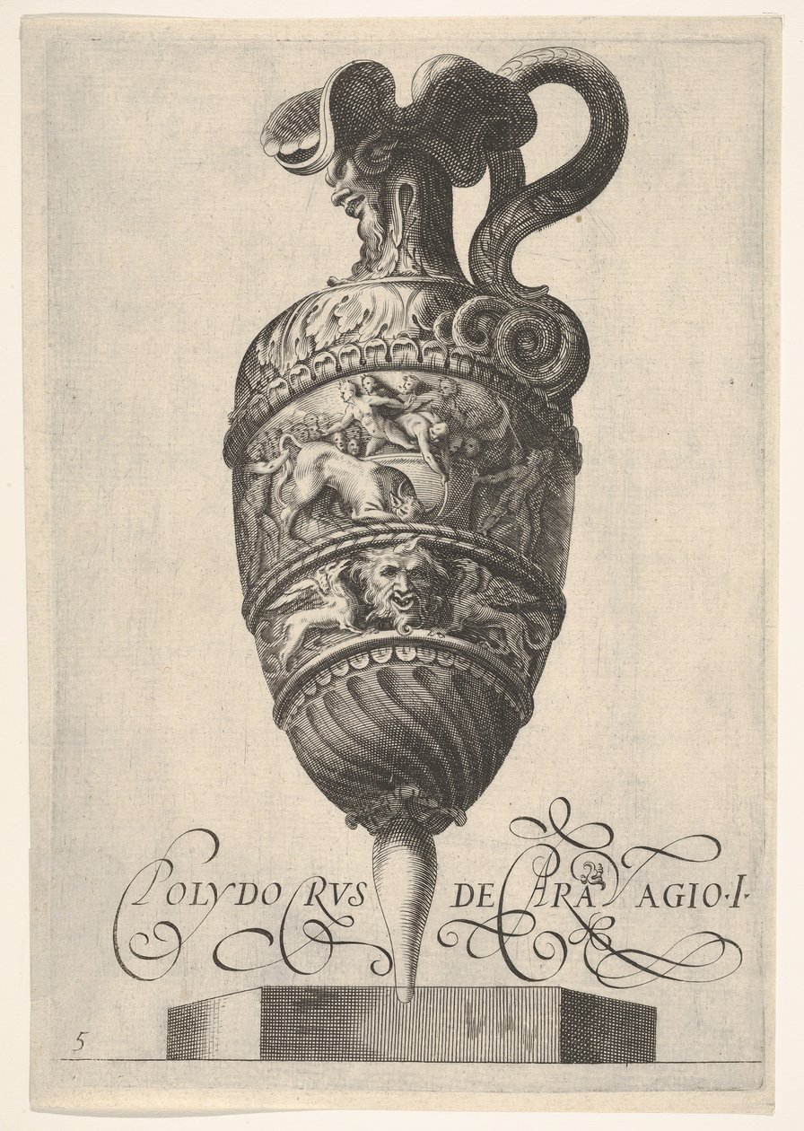 1550-1600 yıllarında bir boğa ve erkeklerin yaşadığı grotesk maskeler, griffinler ve bir friz bulunan gemi. by Unbekannt