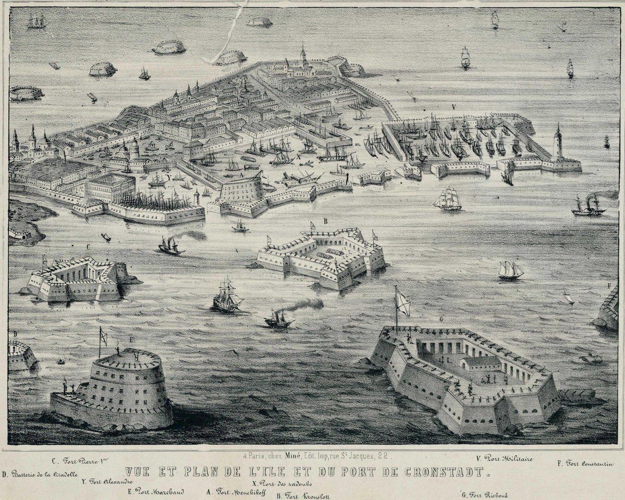 Adanın ve Kronstadt limanının görünümü ve planı, c. 1850 by Unbekannt