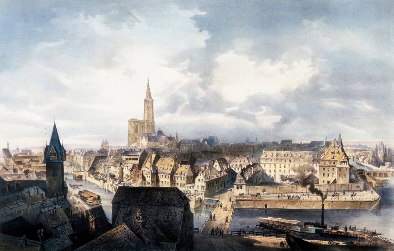 Saint Guillaume kulesinden Strasbourg (Fransa) manzarası. Renklerde litografi. by Unbekannt