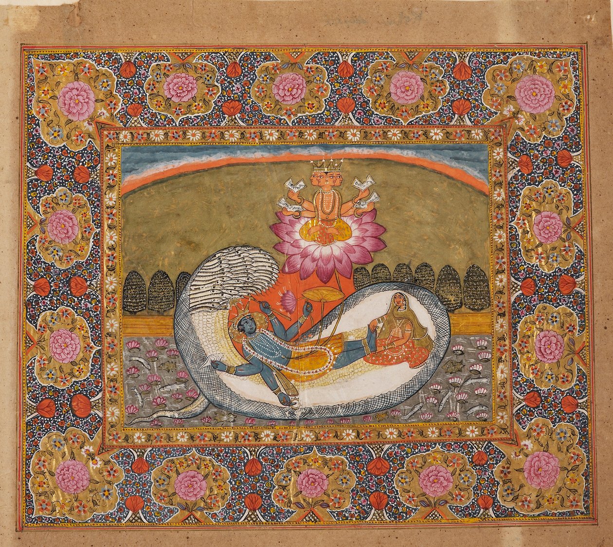 Yılan Shesha üzerinde Vishnu ve Lakshmi, lotus üzerinde Brahma ile, muhtemelen 19. yüzyılın sonlarında by Unbekannt
