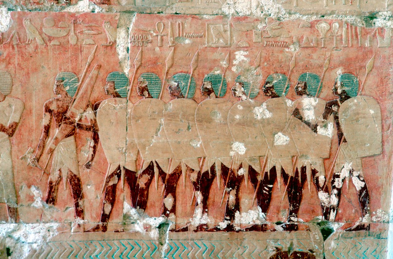 Mısır askerlerinin sefere çıkan duvar resmi, Kraliçe Hatshepsut Tapınağı, Luksor, MÖ c1470 by Unbekannt
