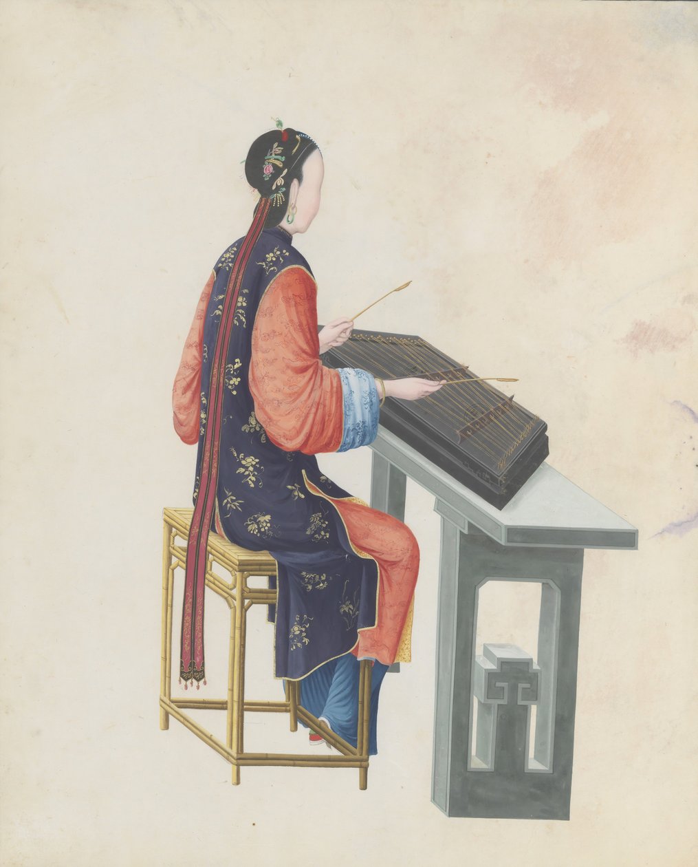 Yangqin çalan müzisyenin sulu boyası, 18. yüzyılın sonlarında. by Unbekannt