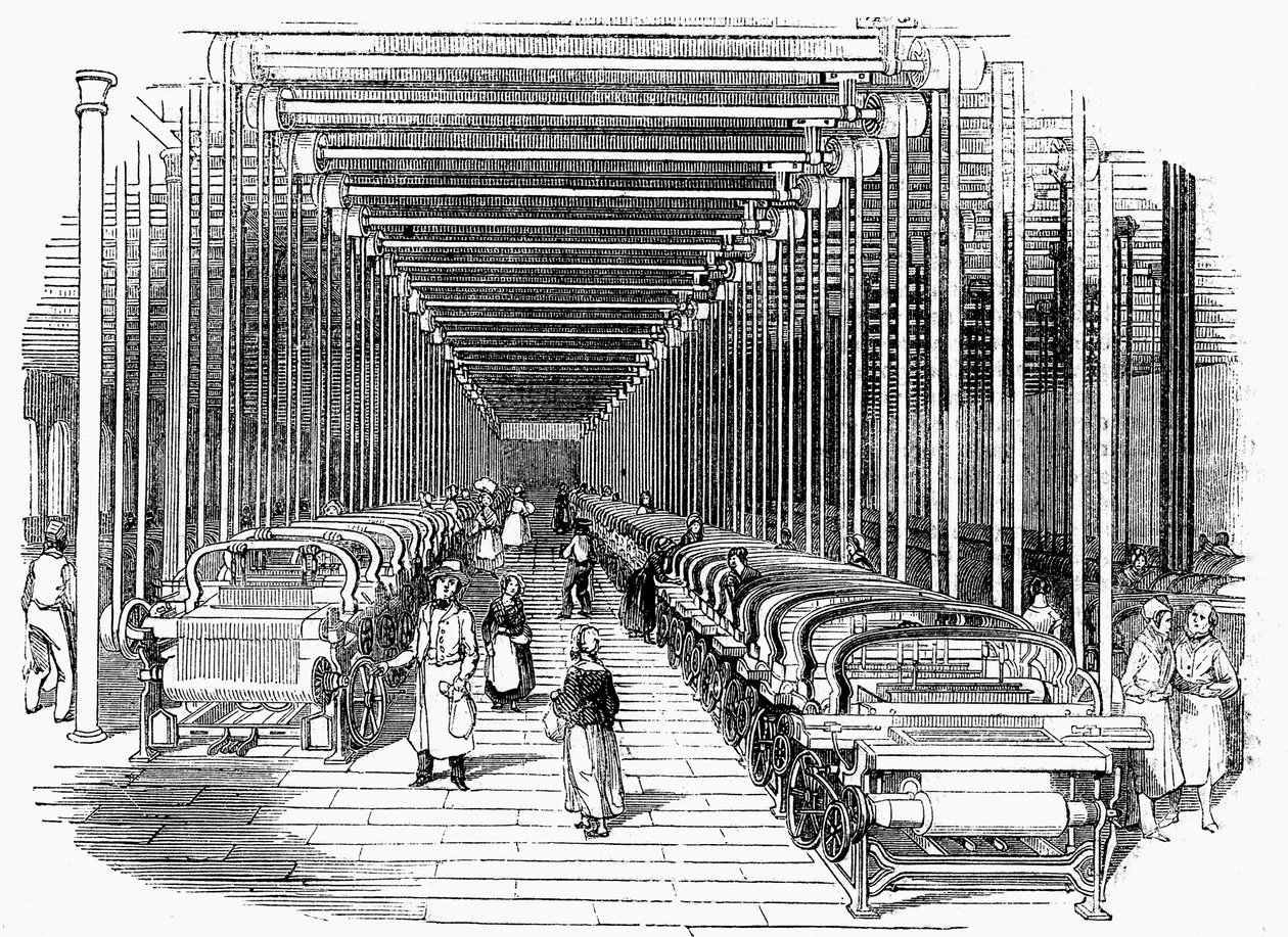 Kayış ve mil ile tahrik edilen elektrikli tezgah sıraları ile donatılmış dokuma hangarı, c1840 by Unbekannt