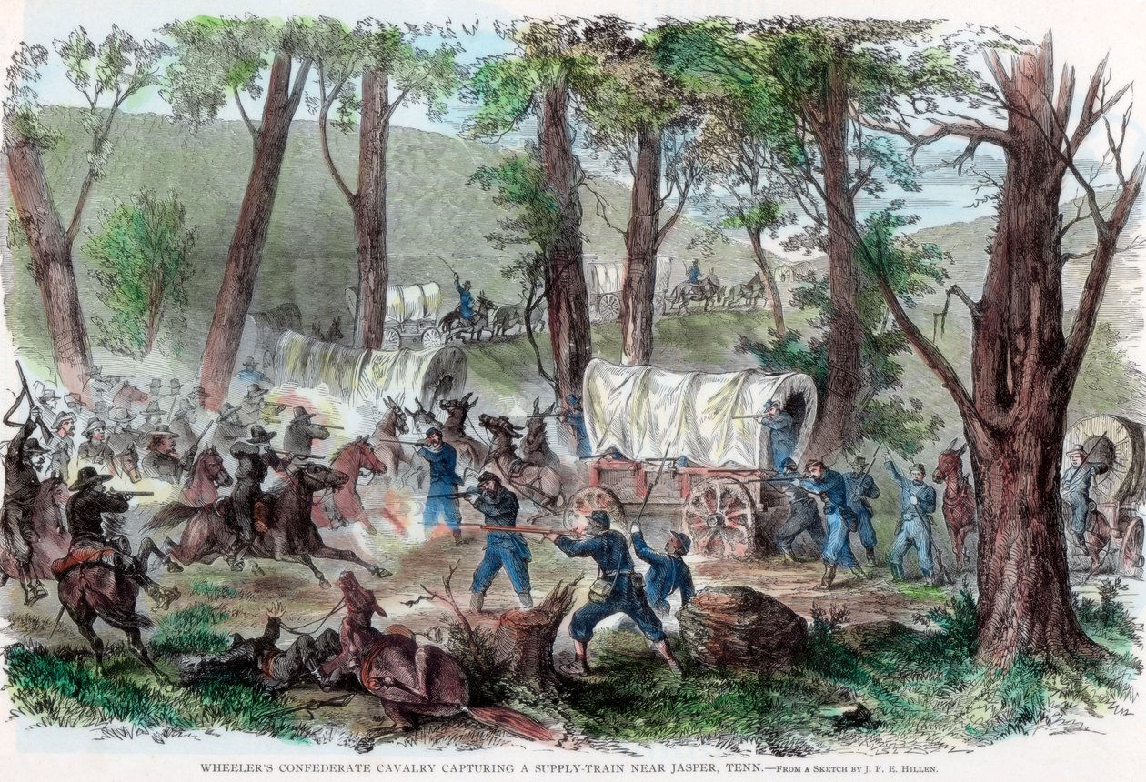 Wheelers Konfederasyon süvari Jasper, Tennessee, c1863 yakınlarında bir tedarik trenini ele geçiriyor by Unbekannt