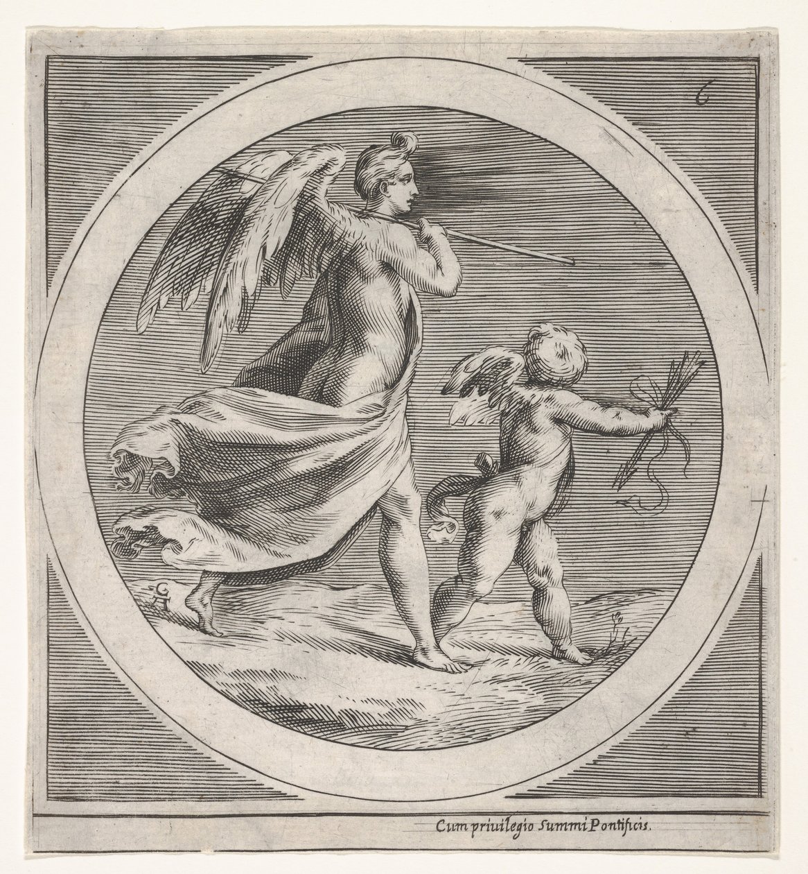 Kanatlı bir kadın figürü, dökümlü ve asa taşıyan, kanatlı bir putto arkasında yürüyen..., yakl. 1550-1600. by Unbekannt