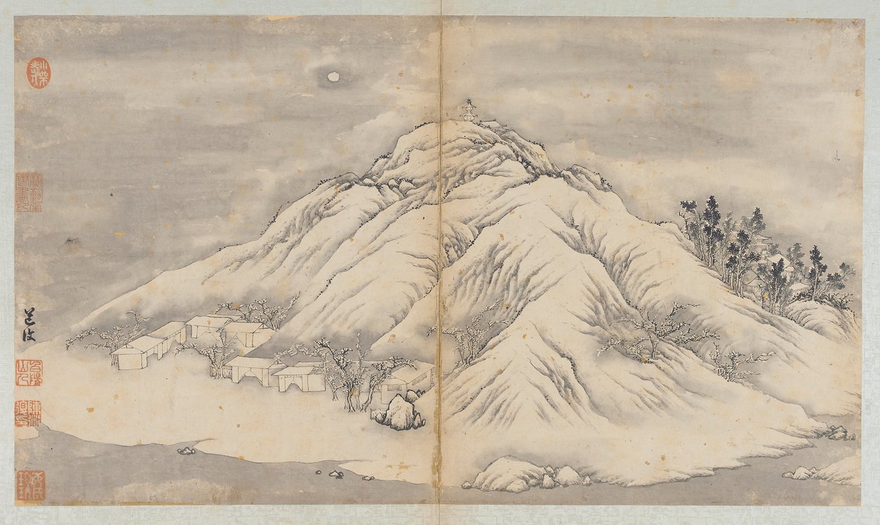 Kış manzarası: ay ışığıyla aydınlatılmış bir tepe ve binalar, Qing hanedanı, 18. yüzyıl. by Unbekannt