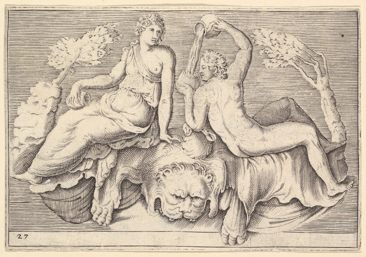 Lionskin Üzerinde Oturan Kadın ve Adam, Şarap Döken Adam, yaklaşık olarak yayınlandı. 1599-1622. by Unbekannt