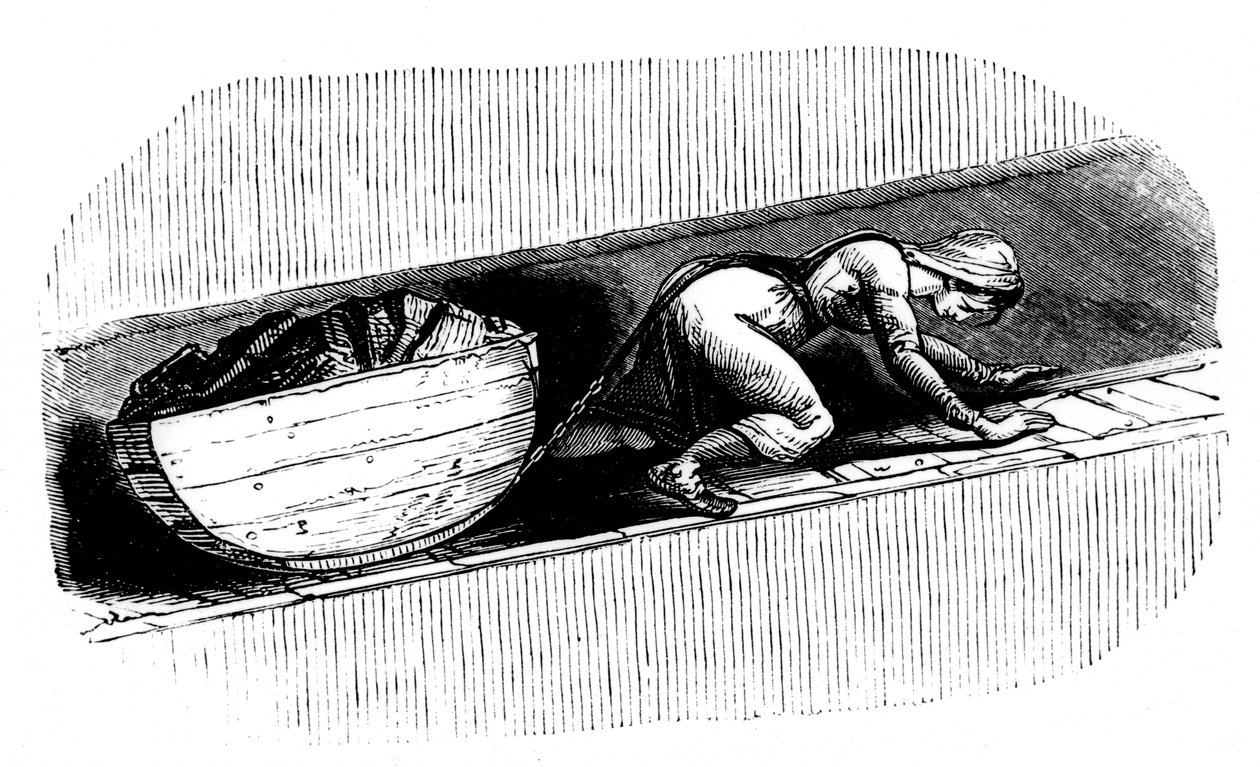Dar bir damar boyunca bir kömür kızağı sürükleyen kadın atıcı, Güney Galler, c1848 by Unbekannt