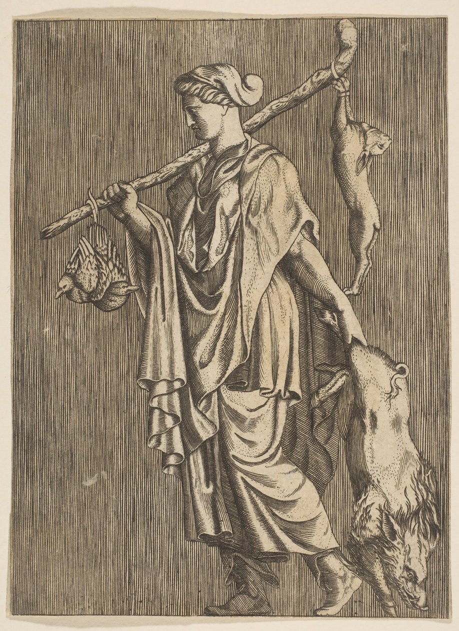 Sol elinde yaban domuzu ve sırtında bir sopayla avdan dönen kadın..., yakl. 1515-1600. by Unbekannt