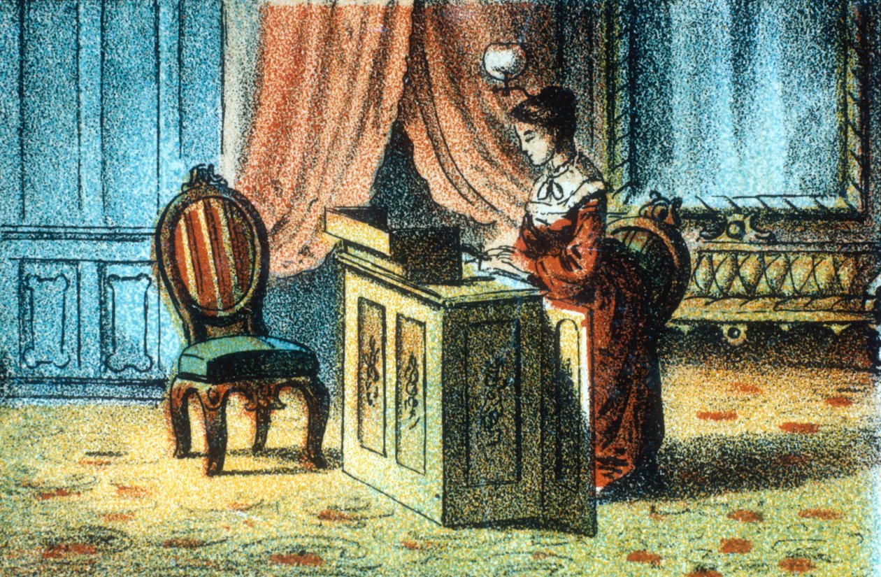 Elias Howe tarafından patentli dikiş makinesi kullanan kadın [c1878] by Unbekannt