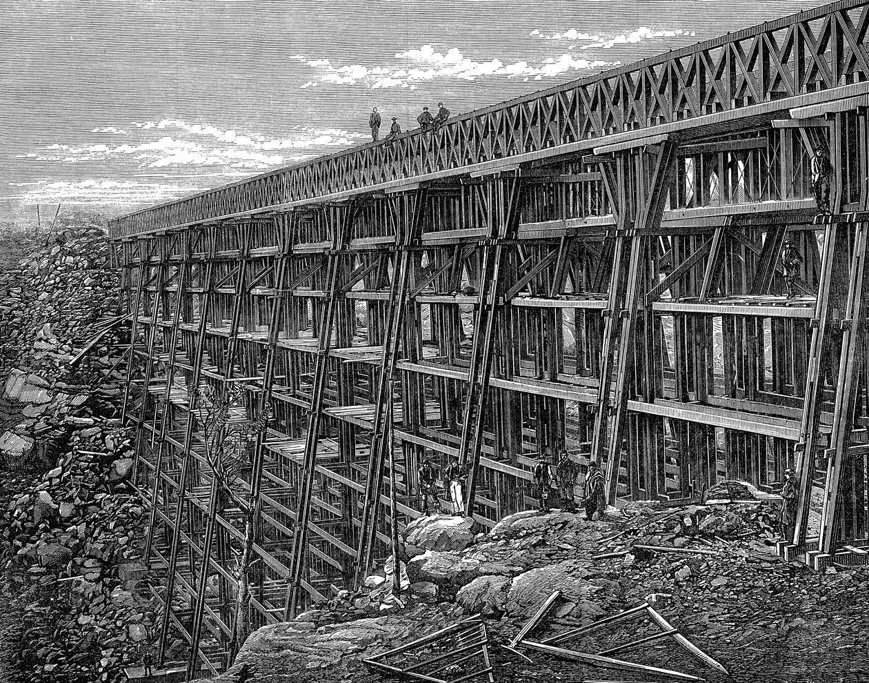 Union Pacific Demiryolu üzerinde ahşap sehpa köprü, Dale Creek, Wyoming, ABD, 1869 by Unbekannt