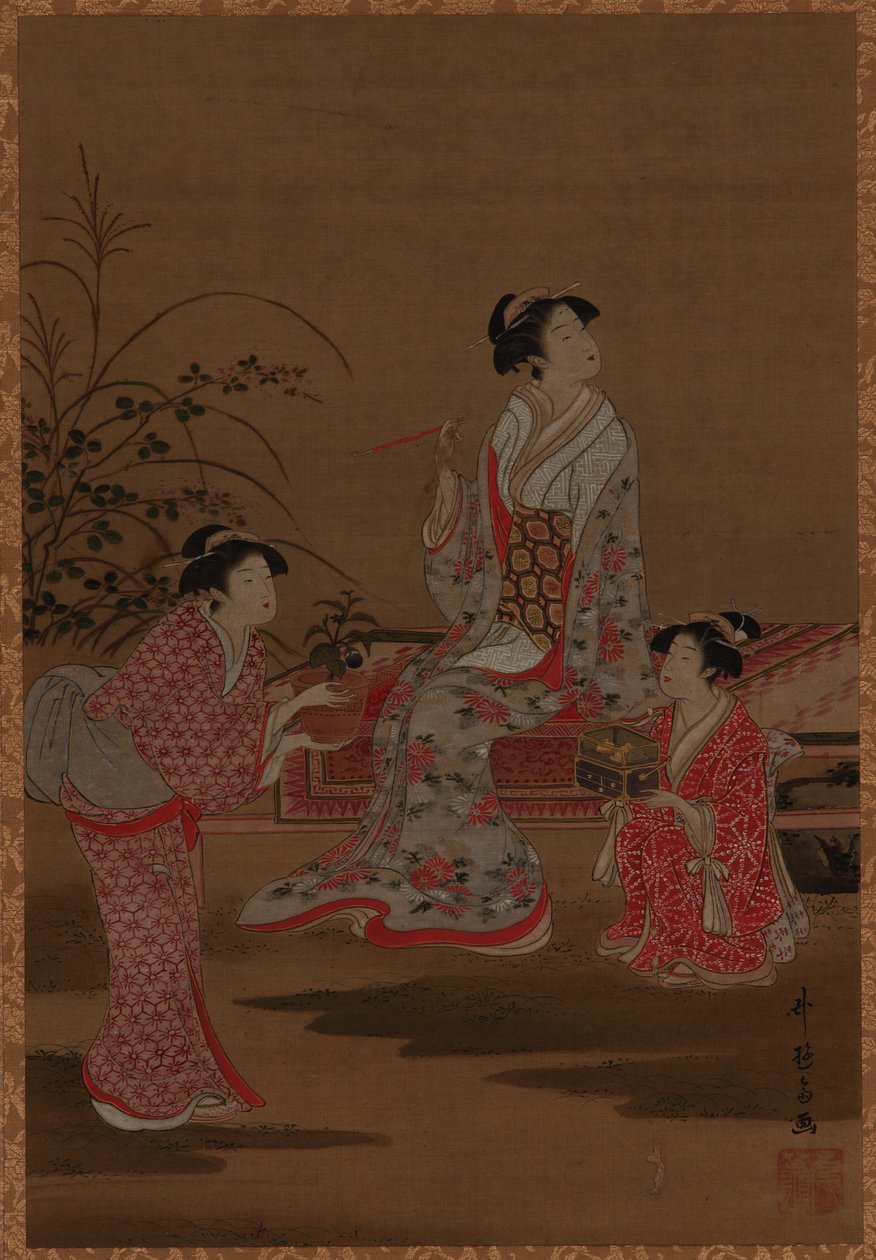 Bir bahçede oturan iki kız hizmetçili genç kadın, Edo dönemi, 1615-1868. by Unbekannt