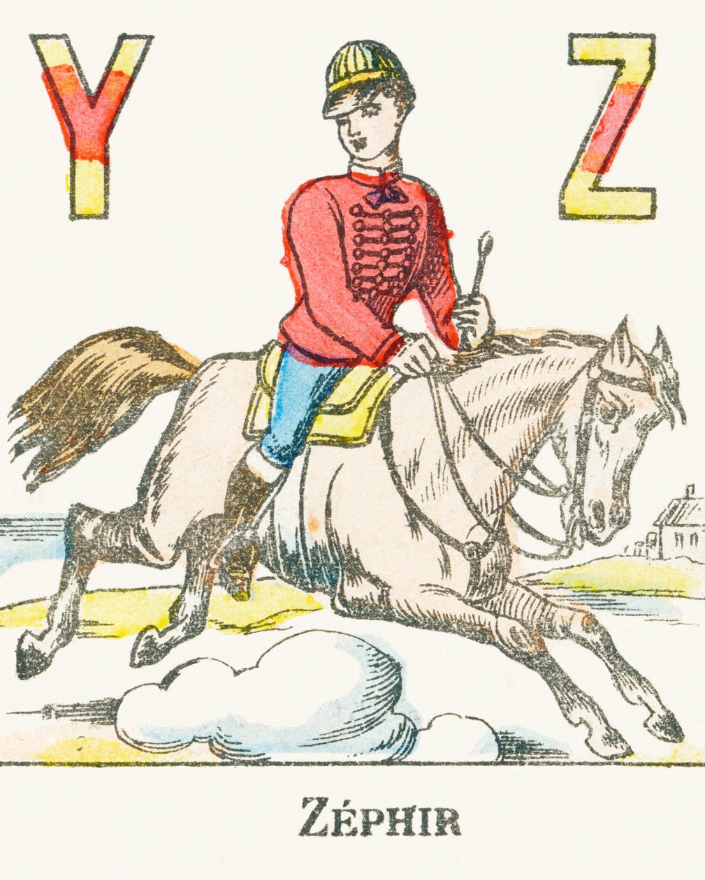 Z : Zephir, Zephyr adlı atıyla dört nala koşan bir binici - Oyunlar Alfabesi, c.1890 (gravür) by Unbekannt