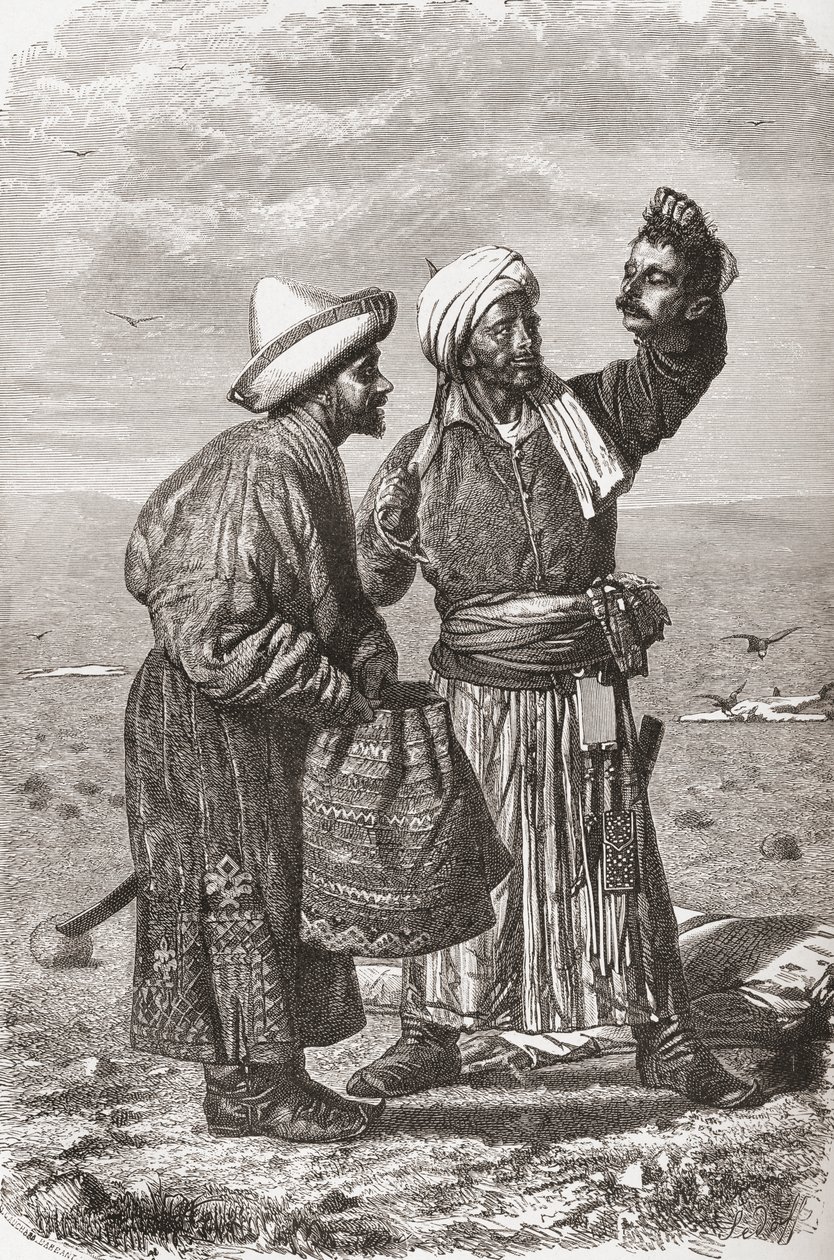 Düşmanının kopmuş kafasını tutan bir Afgan askeri, Gauchard ve Charles Barbant (ö.1922) tarafından oyulmuş 