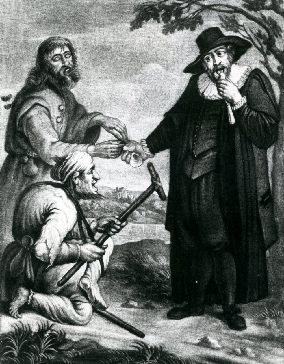 Blind Plaintiff, Lame Defendant Share, The friendly laws impartial care, A shell for him a shell for thee, The middle in the lawyers fee c.1700-40 (mezzotint) by Unbekannt Unbekannt