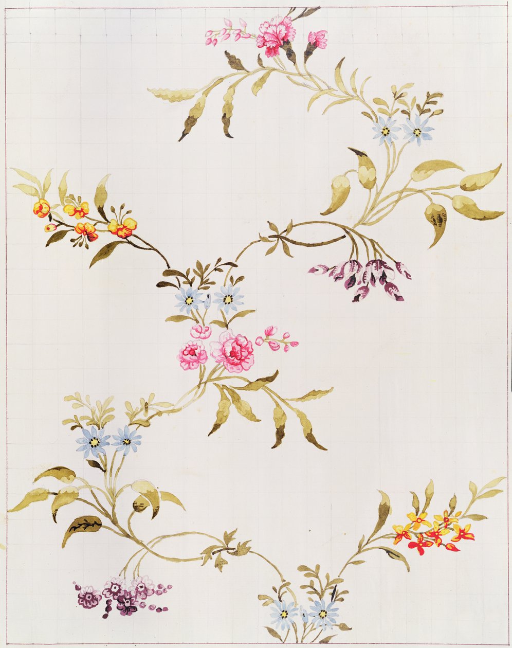 Spitalfields'de dokunacak ipek bir malzeme için karanfil ve güllerin çiçek tasarımı, Anna Maria Garthwaite (1690-1763), 1744 (kağıt üzerinde wc, transfer için kare) by Unbekannt Unbekannt