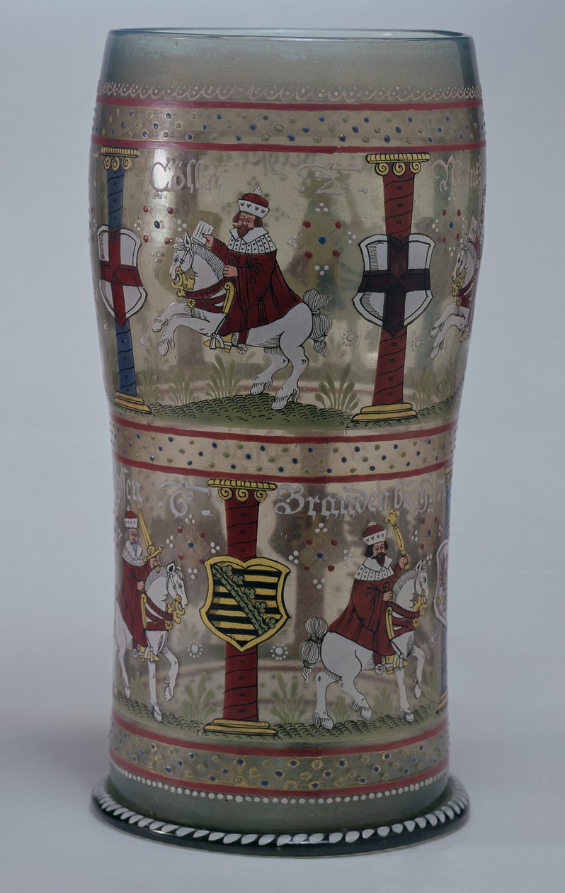 Kurfuerstenhumpen (Alman seçim camı), imparator ve beyaz ata binen yedi seçmenin sahneleriyle emaye, Bohemian, 1625 by Unbekannt Unbekannt