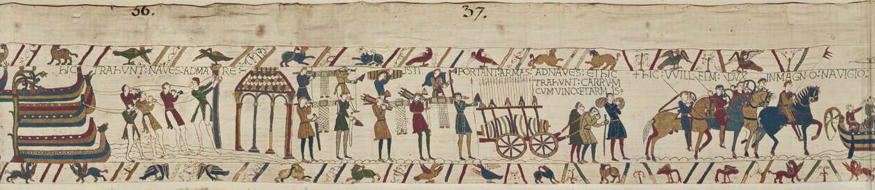 Gemilere silah taşıyan ve şarap ve silahlarla dolu bir arabayı çeken Normanlar, Bayeux Goblen by Unbekannt Unbekannt