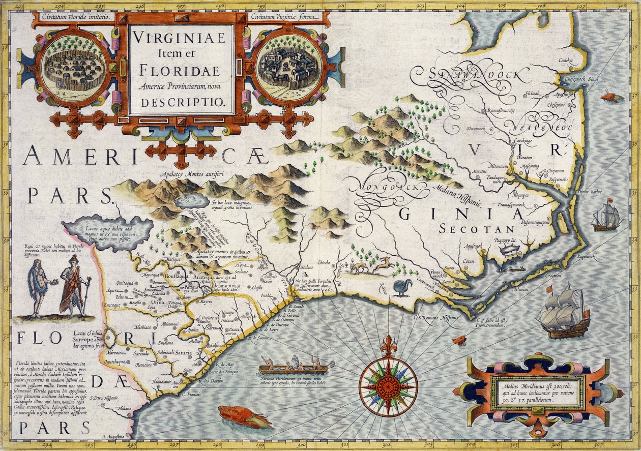 Kuzey Karolina, 1606 tarihli Mercator "Atlas..."dan "Virginiae item et Floridae" başlıklı, yayın. Jodocus Hondius tarafından, 1619 by Unbekannt Unbekannt