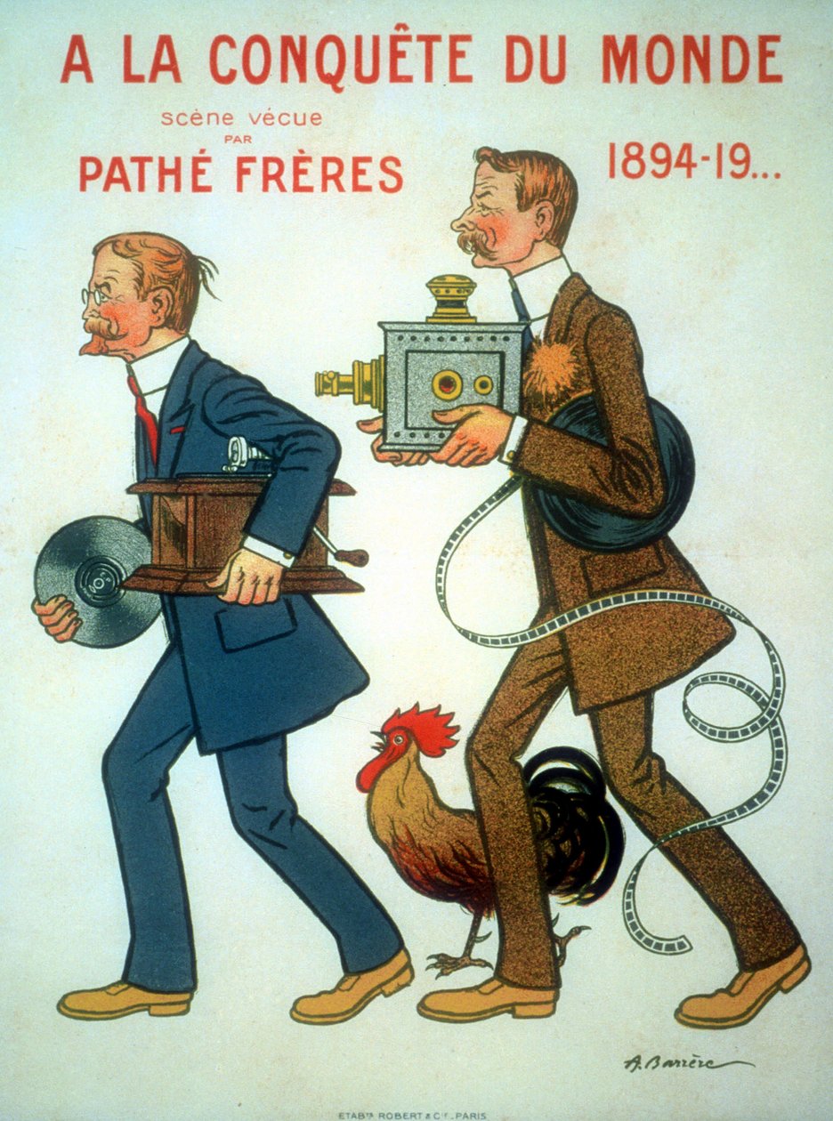 Adrien Barrere tarafından Charles Pathe (1863-1957) ve Emile Pathe (1860-1937) kardeşler için 1898 afişi Fransız mühendisler, sinema yapımcıları, burada Cock (sembolleri), projektör ve fonograf ile by Unbekannt
