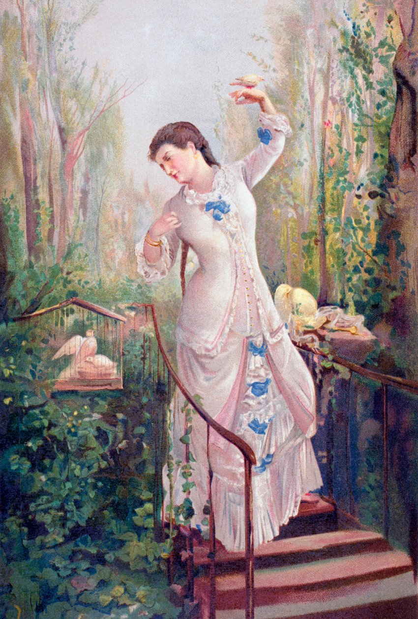 19. yüzyıldan kalma bir kadın, 'El Mundo Ilustrado'dan Ramon Marti y Alsina'nın La Tórtola Madre tablosundan sonra, kumrularla dolu bir bahçede Barselona'da yayınlandı. by Unknown