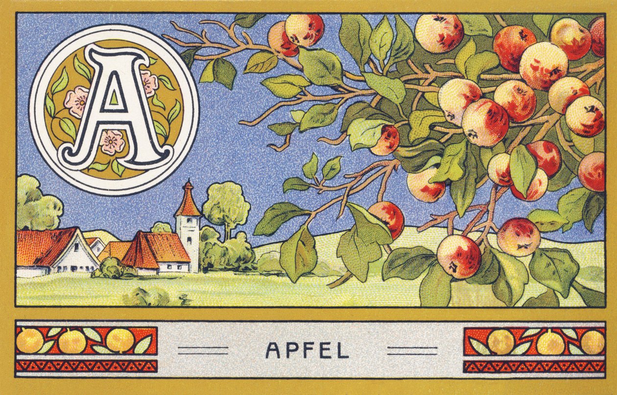 A : Elma - Alfabe Palmin. H. Schlinck & Cie, Hamburg, sd tarafından düzenlenen kromolitograf serisi. Publicite, Palmin'in en iyi hindistancevizi yağını dökün. Boyutlar : 7x11cm by Unbekannter Künstler