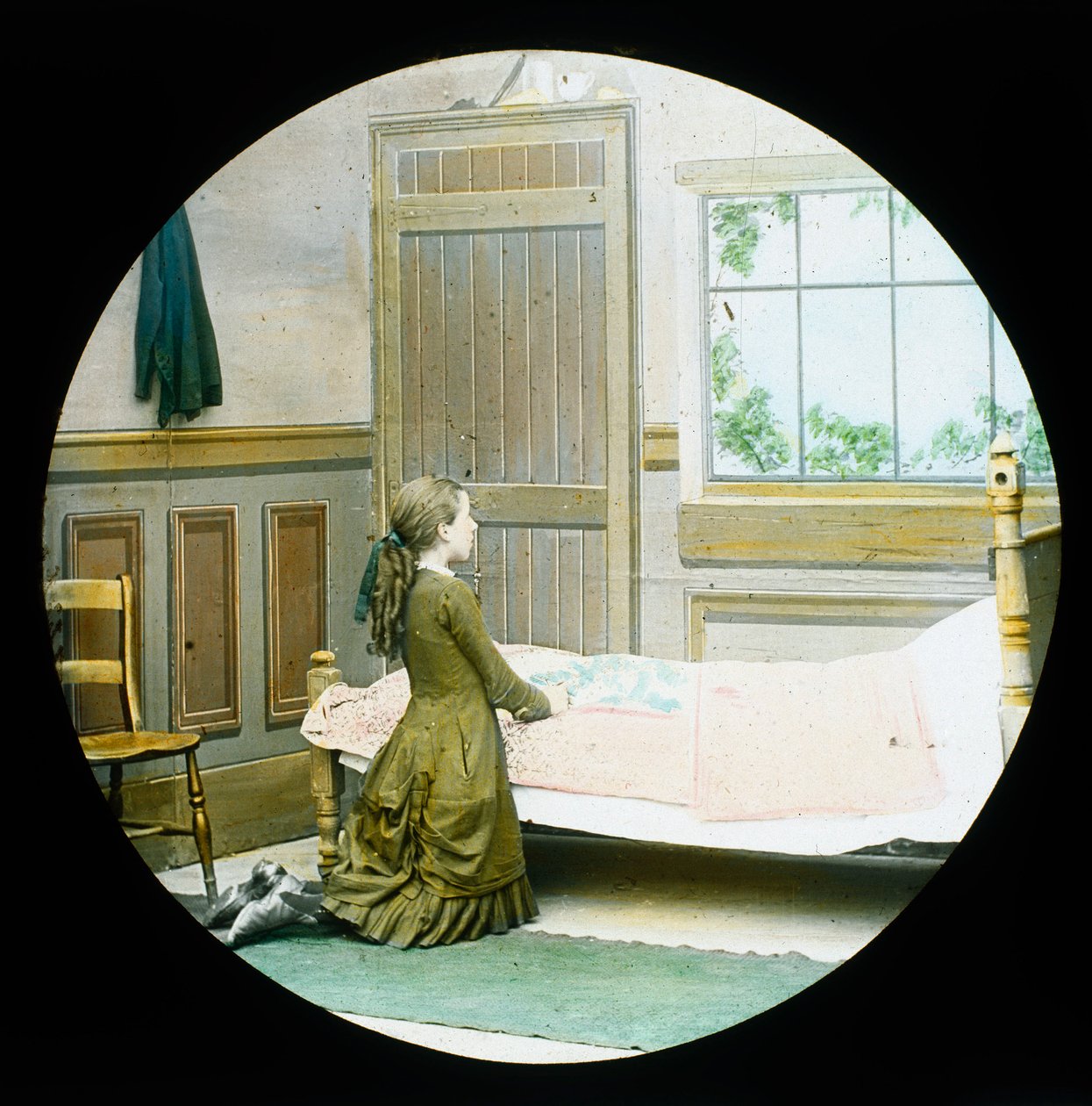 Başucunda dua ederek diz çökmüş bir kız, sihirli fener kaydırağı, c 1890 by Unbekannt