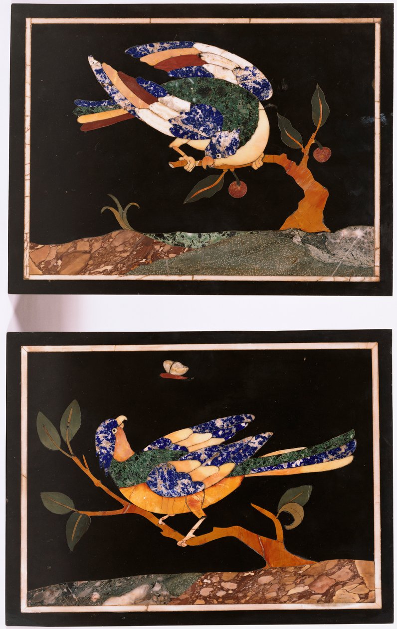 Kuşları tasvir eden bir çift Floransalı pietra dura paneli by Unbekannt