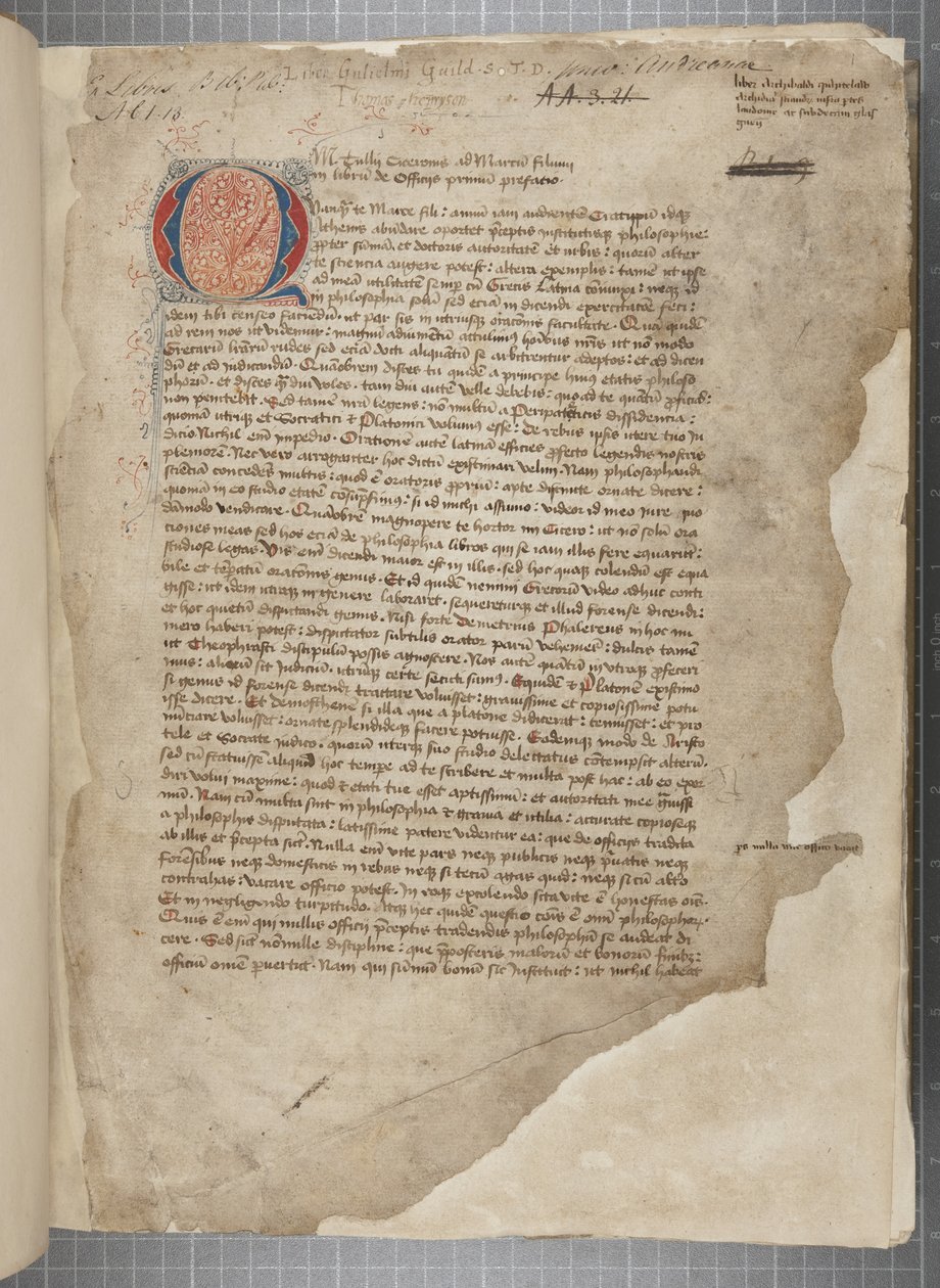 Marcus Tullius Cicero'nun felsefi eserlerinin, görünüşte 1471 tarihli romana baskısından alınmış, Archibald Whitelaw ve diğerlerinin elinde marjinallerle birlikte, üç elden bir transkript, c.1480 (parşömen üzerine mürekkep) by Unbekannt