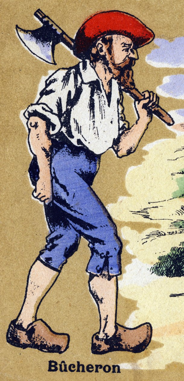 Bir oduncu baltayla odun kesmeye gidiyor. Resimli alfabe. Görüntüler 20. yüzyılın başında Jarville-Nancy