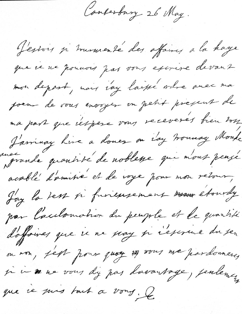 Charles II'den kız kardeşi Henrietta Anne'ye, Dover'a varışının ertesi günü Canterbury'de Fransızca yazılmış sevgi dolu mektup, 26 Mayıs by Unbekannt