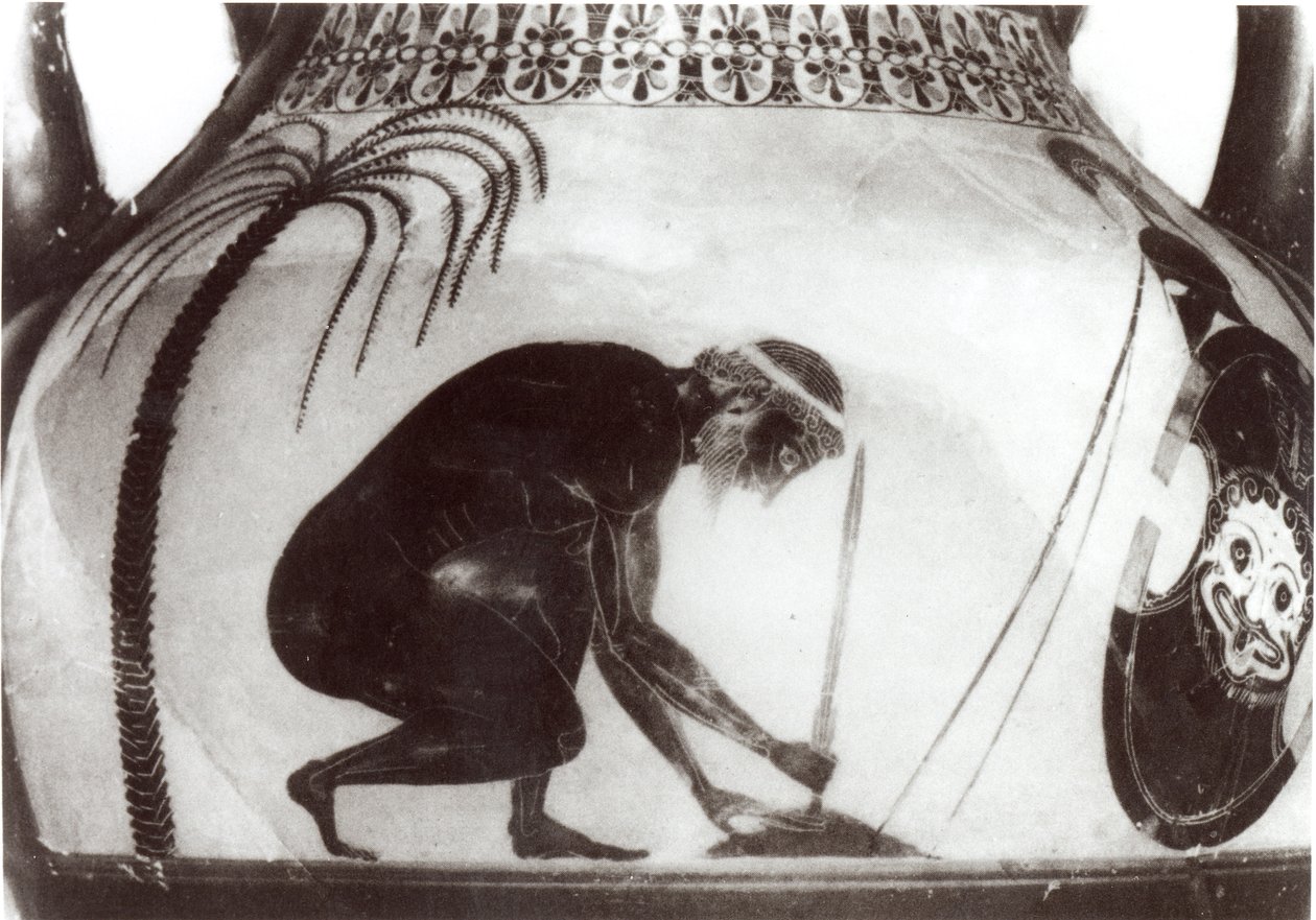 Ajax Ölümüne Hazırlanıyor, MÖ 6. yüzyıla ait bir Yunan krater vazodan sonraki illüstrasyon (gravür) (s/b fotoğraf) by Unbekannt