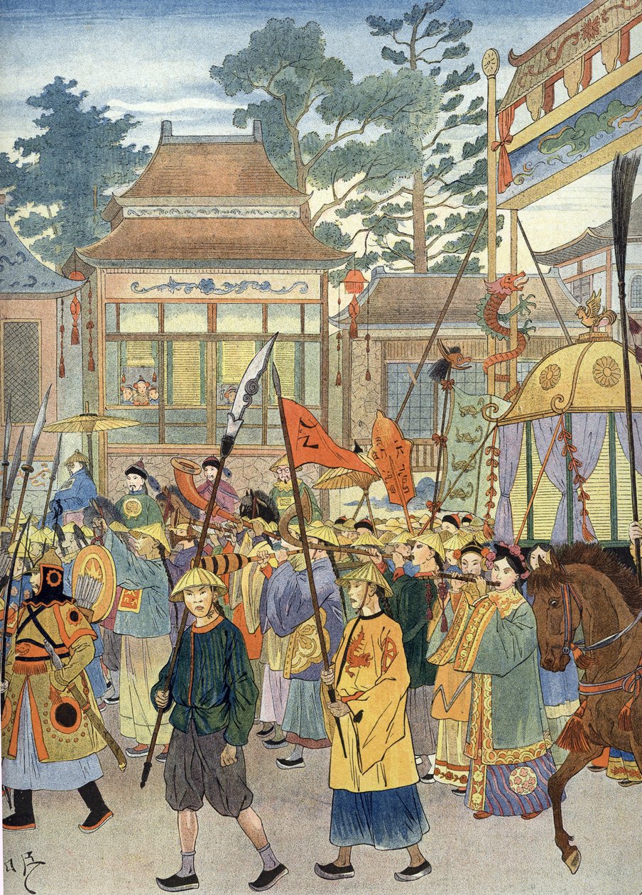 Antik Çin marşının alegorisi: Tahtırevandaki İmparator, 1900 civarı (Resim) by Unbekannter Künstler