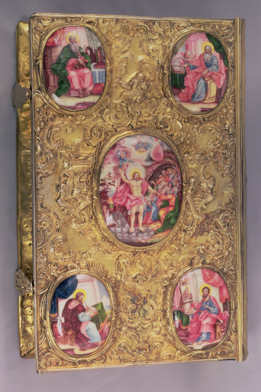 Emaye madalyonlarla özenle işlenmiş gümüş gömme Sunak İncili, merkezi Dirilişi tasvir eden, dört Evanjelisti tasvir eden dört köşe madalyonlu, Pyotr Afinogenov, Moskova by Unbekannt