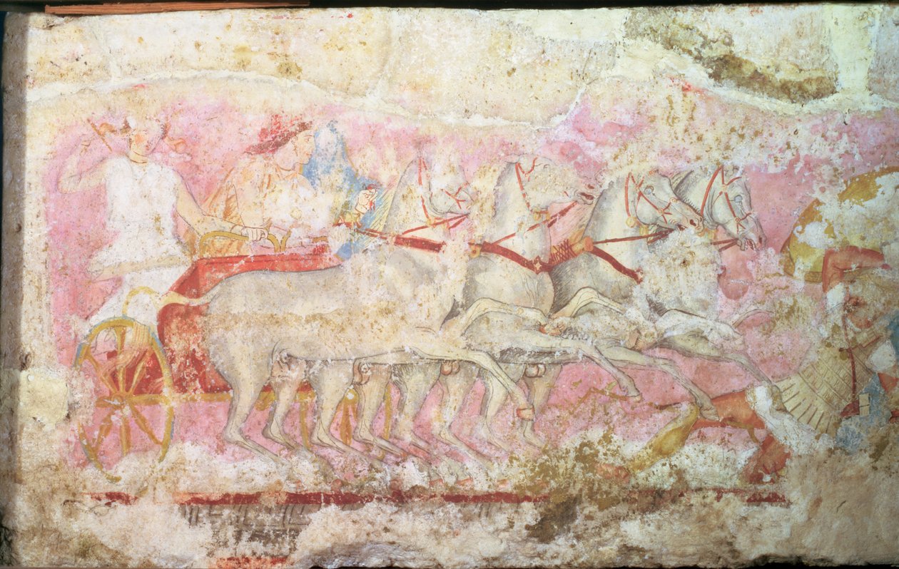 Araba süren Amazonlar, Amazonların lahitinin yanından detay, Tarquinia, MÖ 4. yy (kaymaktaşı üzerinde tempera) (85168 detayı) by Unbekannt