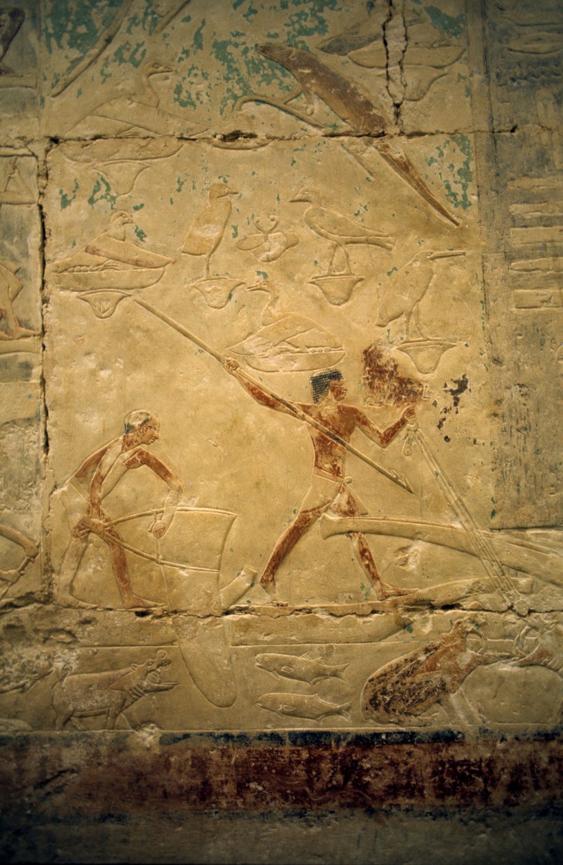 Eski Mısır: Saqqarah (veya Saqqara veya Sakkarah): Eski İmparatorluğun nekropolü, soyluların mezarı. Bir balık tutma sahnesini betimleyen kabartmaların detayı. by Leopold Blonder