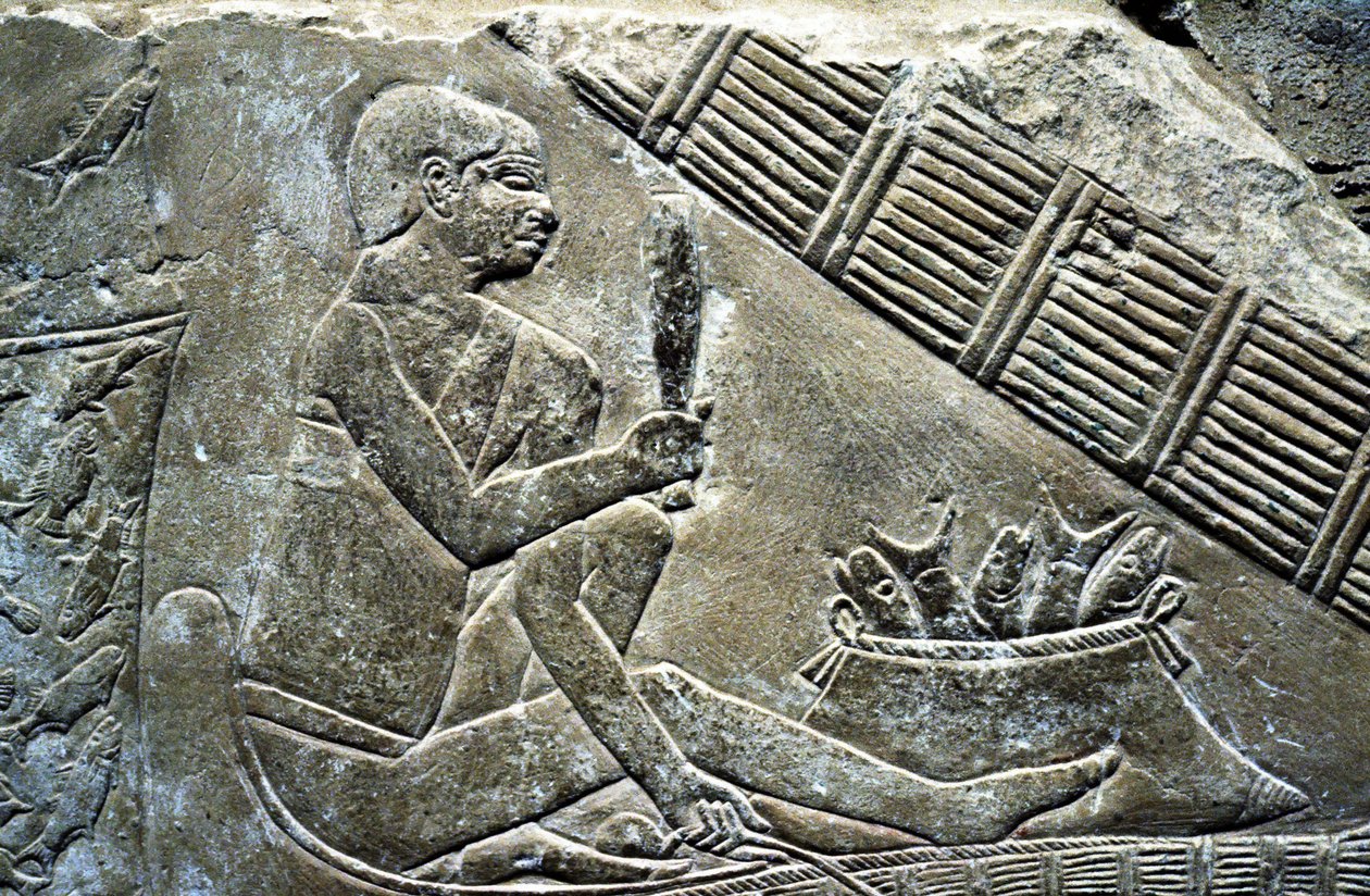 Eski Mısır: Saqqarah (veya Saqqara veya Sakkarah): Eski İmparatorluğun nekropolü, soyluların mezarı. Bir balıkçıyı temsil eden kabartmaların detayı. by Leopold Blonder