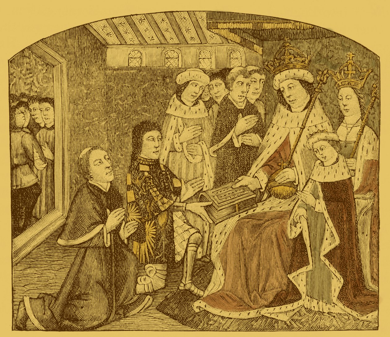 Anthony Woodville Caxton'un ilk basılı taslağını sunuyor by Unbekannter Künstler