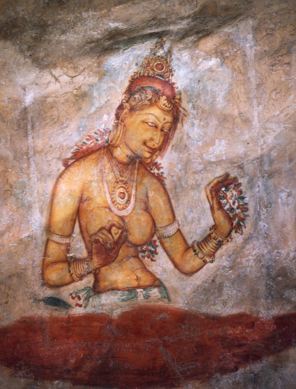 Apsaras, çiçekler sunan cennet perisi, fresk, Sigiriya
