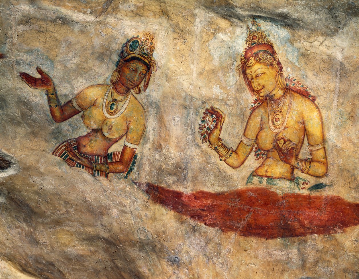 Apsaras, çiçekler sunan cennet perileri, fresk, Sigiriya