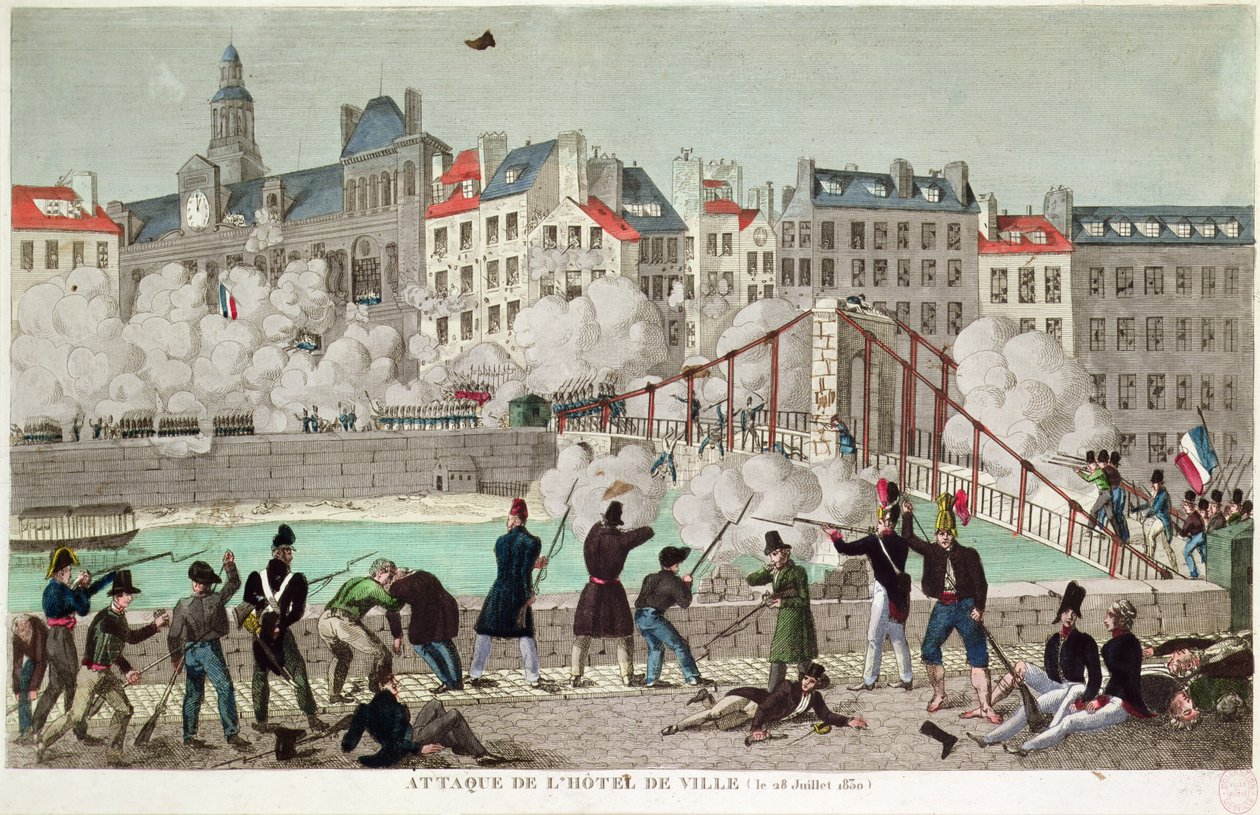 Paris Belediye Binası'na saldırı ve Arcola köprüsü savaşı, 28 Temmuz 1830 (gravür) by Unbekannter Künstler